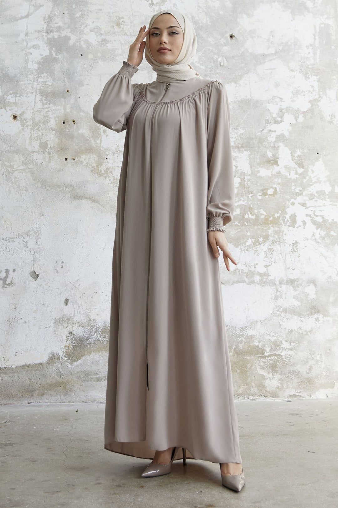 MDS Women Sleeve Tip Ruffled Abaya - Beige - Colima