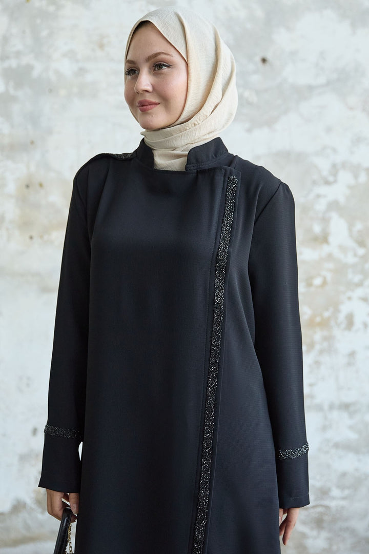 MDS Women Black Abaya with Neck and Front Scarf Embellished with Stones - Caltanissetta