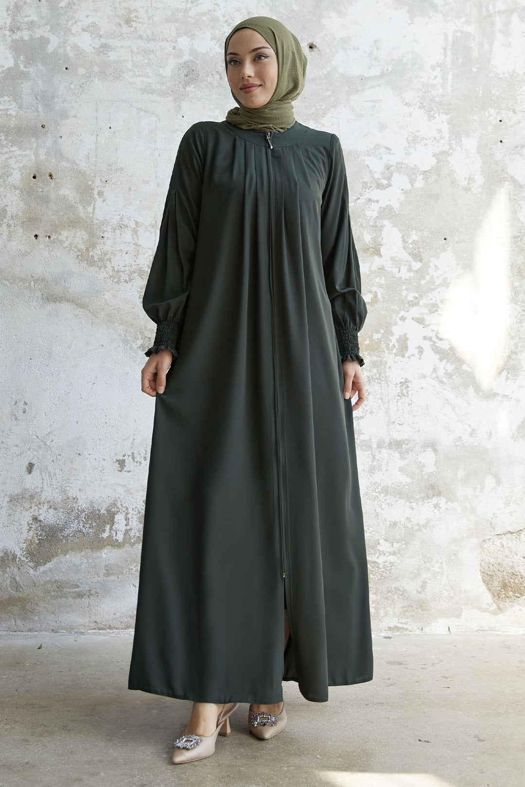 MDS Women Pleated Detail Ruched Abaya - Khaki - Wrecsam