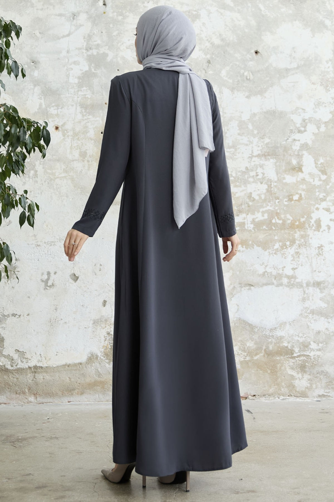 MDS Women Stone-embellished Abaya with Collar and Sleeves - Anthracite - Cedar City