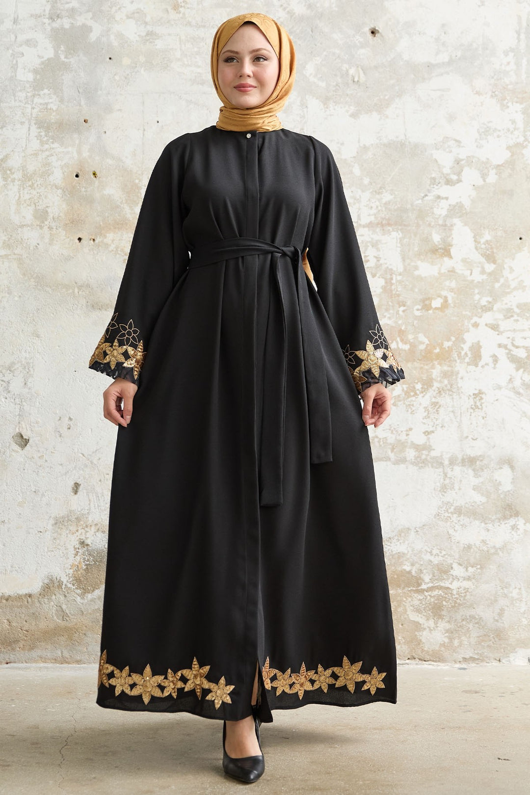 MDS Women Flower Stamp Detail Black Abaya - Schaumburg