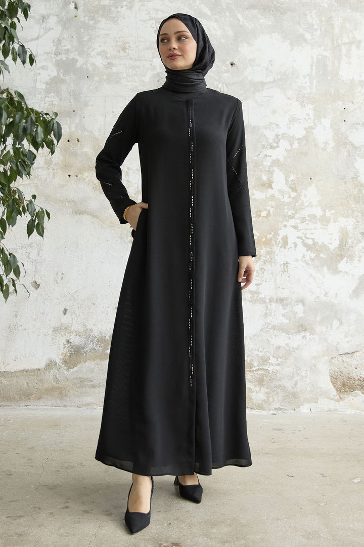 MDS Women Sequined Stone Embroidered Abaya - Black - San Pedro