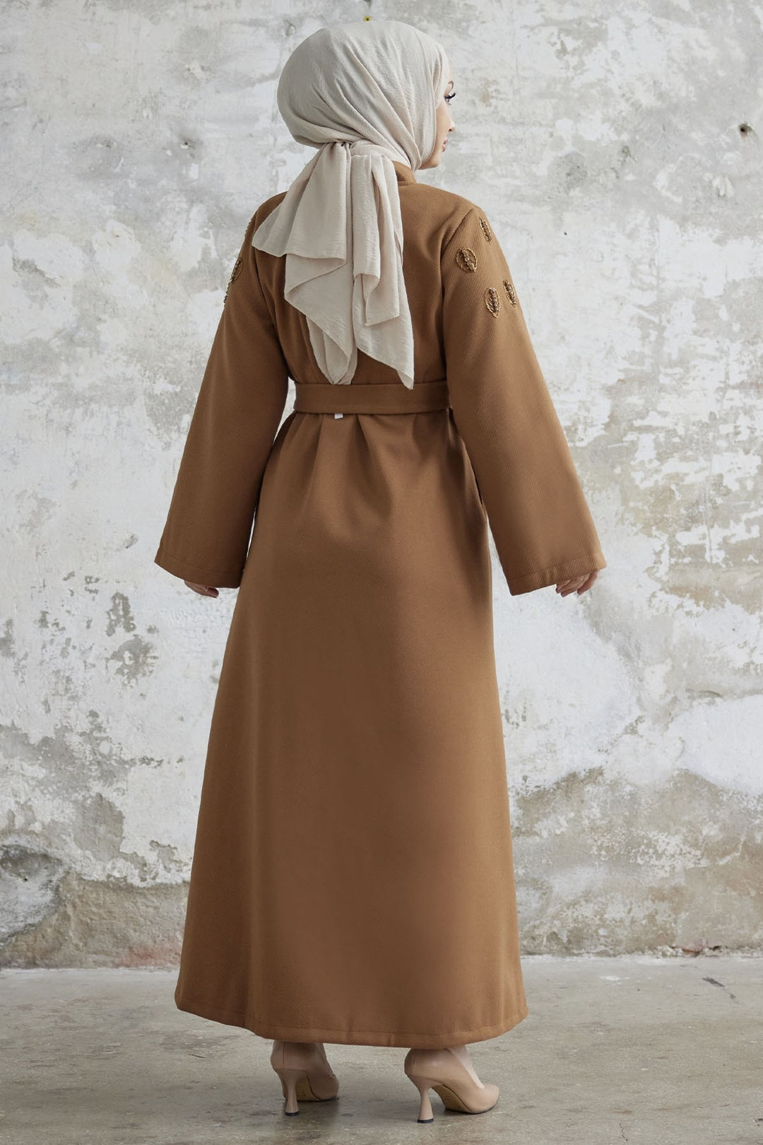 MDS Women Nomira Stone Detail Belted Abaya - Tan - Cheltenham