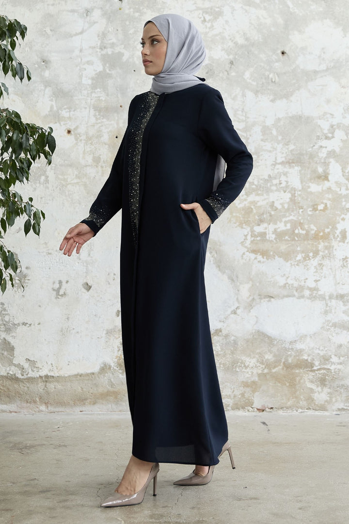 MDS Women Stone-embroidered Abaya with Right Side - Navy - Coeur dAlene