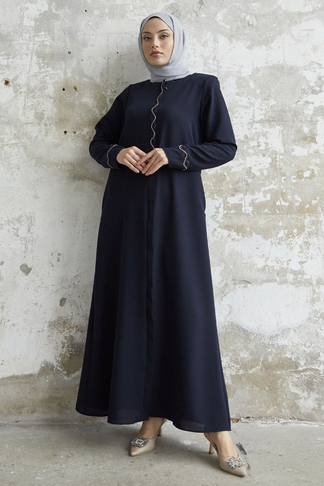MDS Women Spiral Stone Detailed Honeycomb Abaya - Navy Blue - Springfield