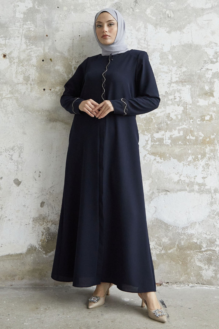 MDS Women Spiral Stone Detailed Honeycomb Abaya - Navy Blue - Springfield