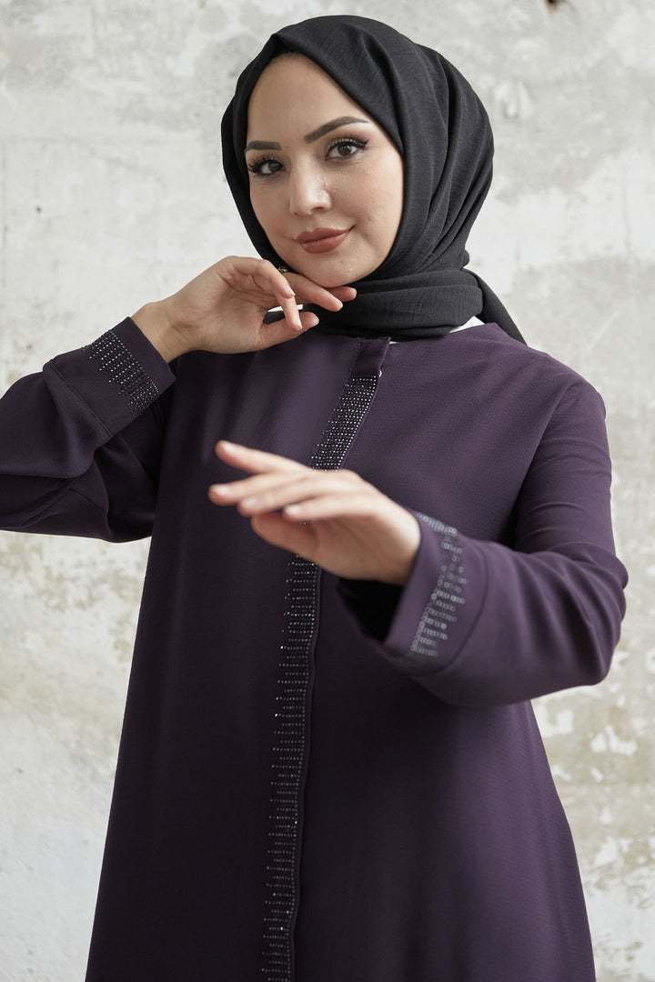 MDS Women Stone Robe Detailed Abaya - Purple - Great Yarmouth