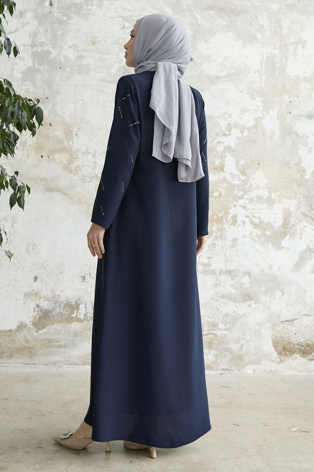 MDS Women Sequined Stone Embroidered Abaya - Navy Blue - Graz