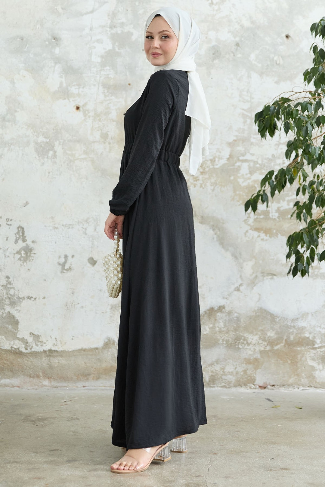 MDS Women Flower Pearl Embroidered Elastic Black Abaya - Wenatchee