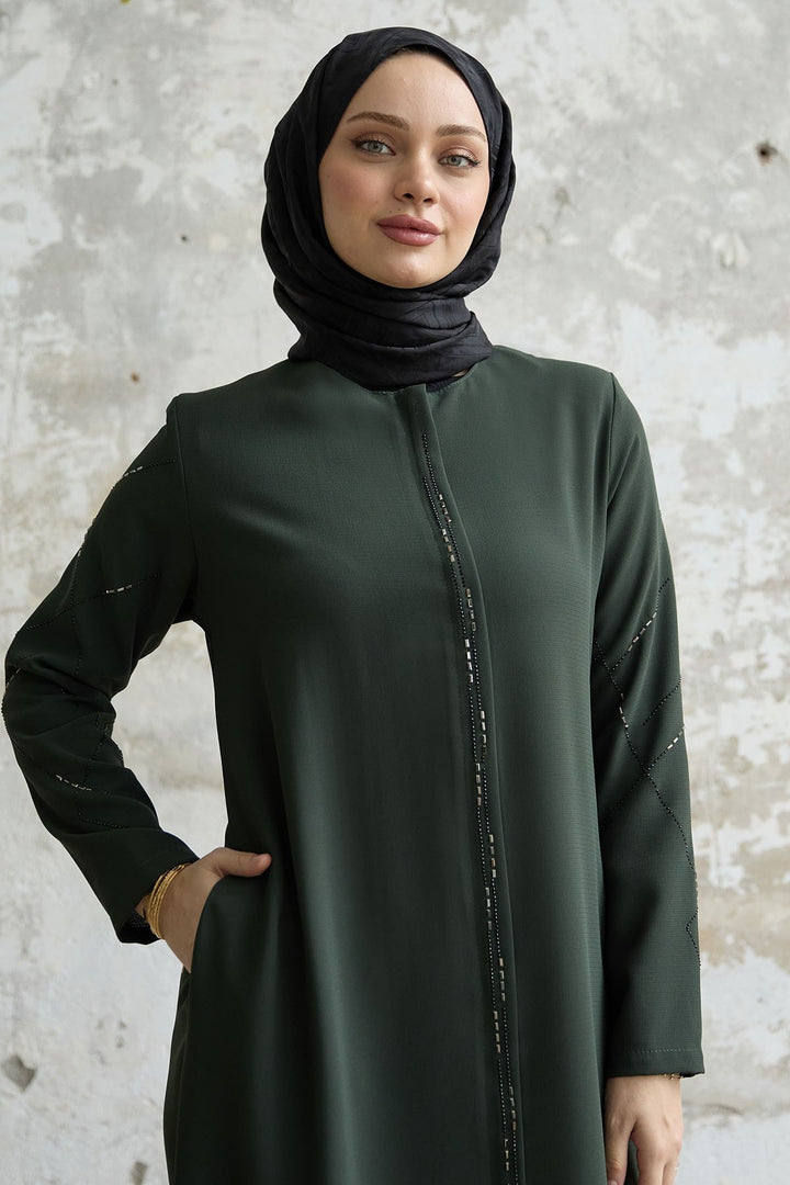 MDS Women Sequined Stone Embroidered Abaya - Khaki - Compiègne