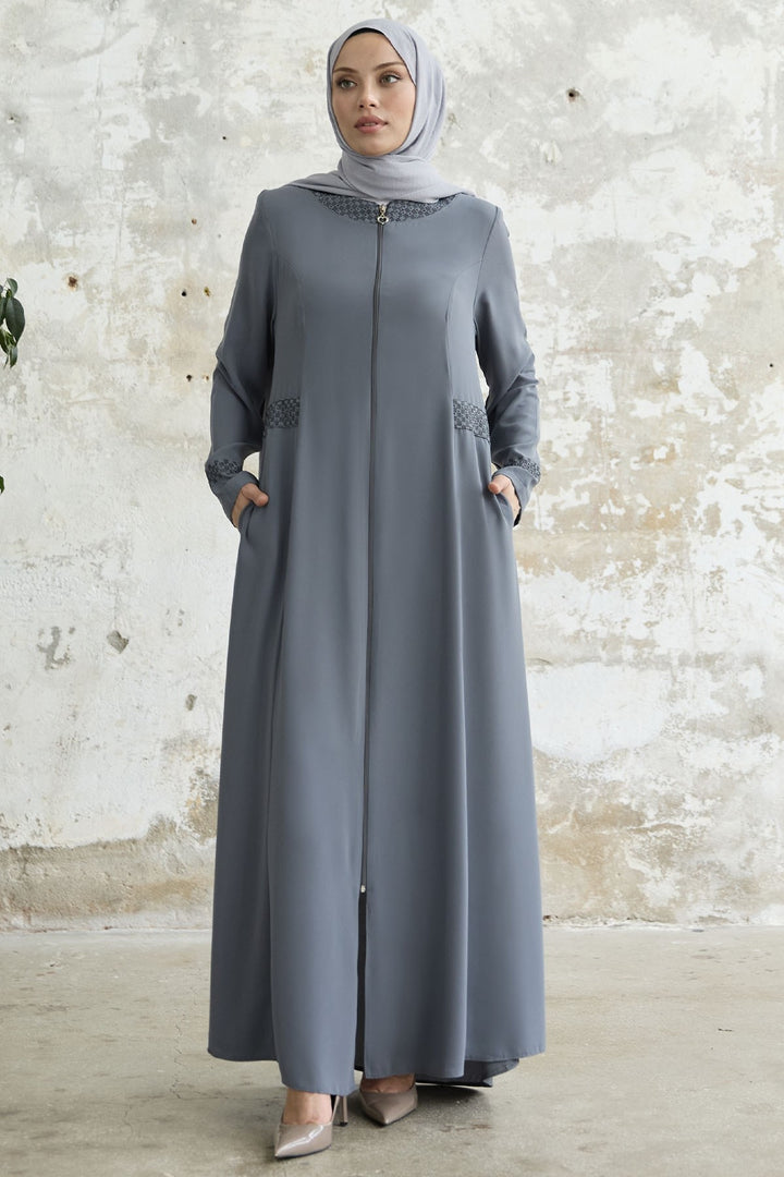 MDS Women Stone-embellished Abaya with Collar and Sleeves - Grey - Fresno