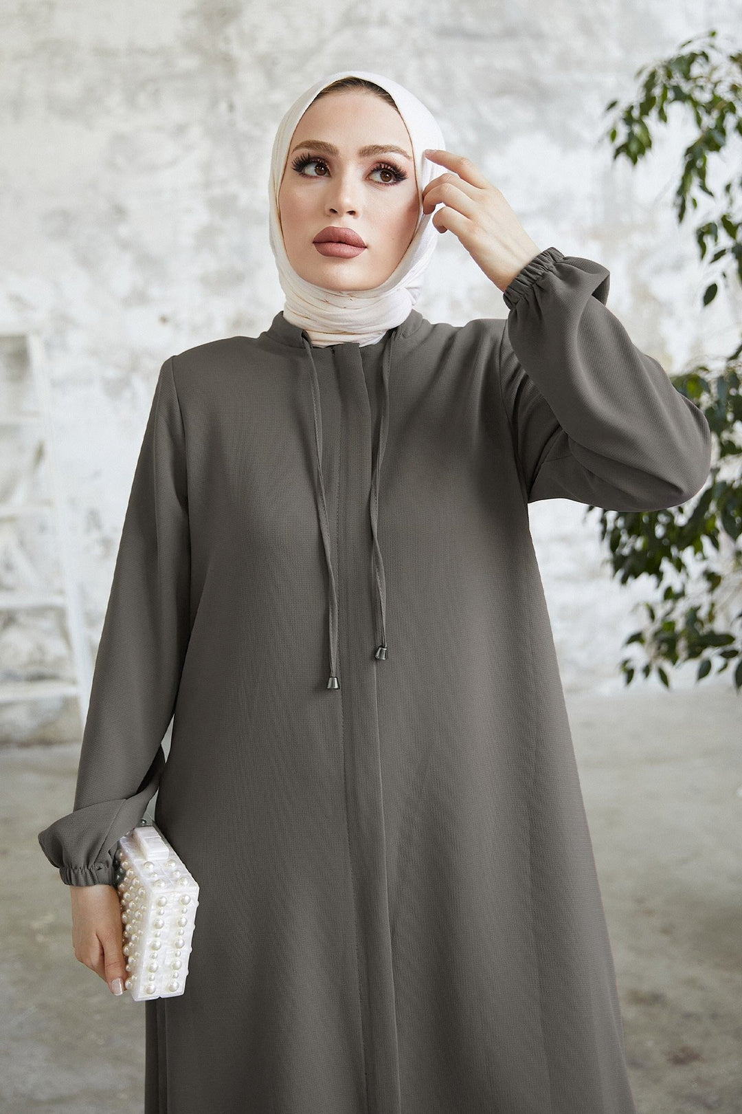 MDS Women Laced Hidden Snap Abaya - Gray - Caerphilly