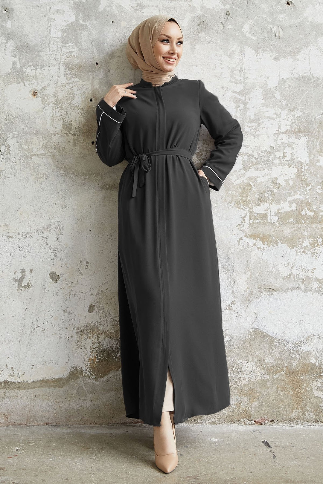 MDS Women Salvia Loose Sleeve Biye Patterned Abaya - Anthracite - Nettetal