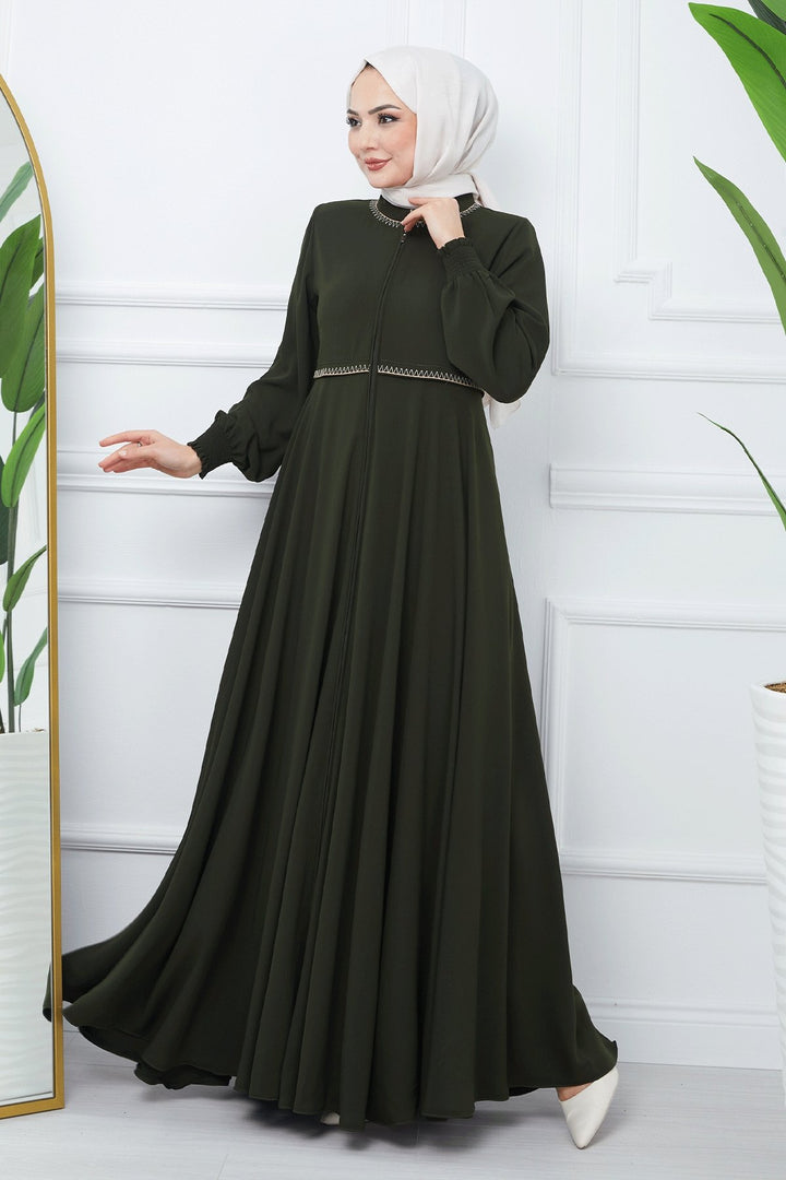 MDS Women Embroidered Mevlana Fabric Abaya - Khaki - Reston