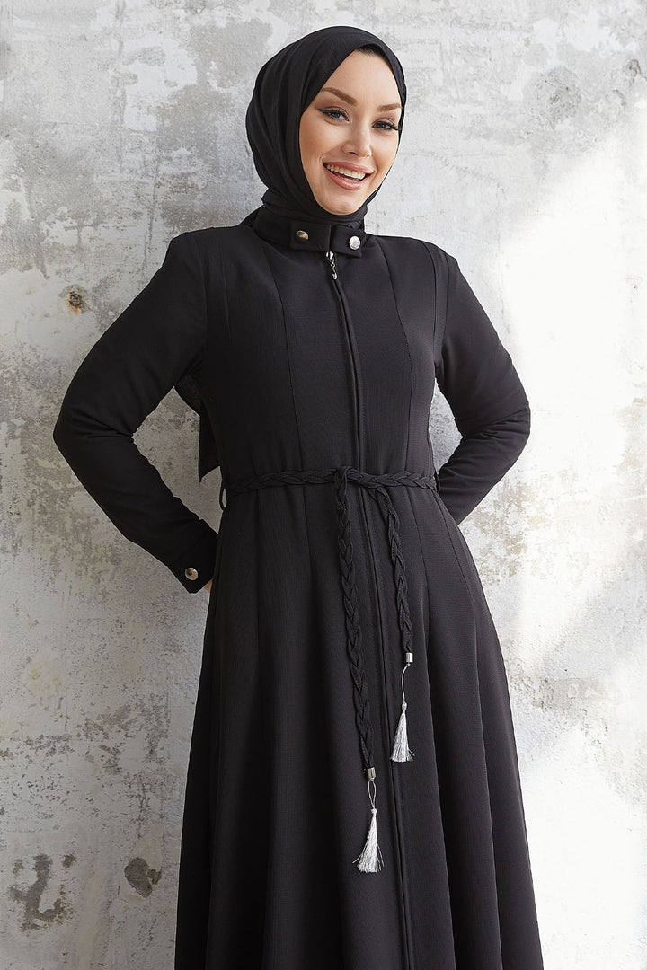 MDS Women Satin Collar Buttoned Belted Abaya - Black - Skelmersdale