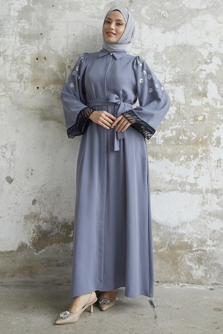 MDS Women Cashmere Embroidered Sleeve Abaya - Gray - Nijkerk