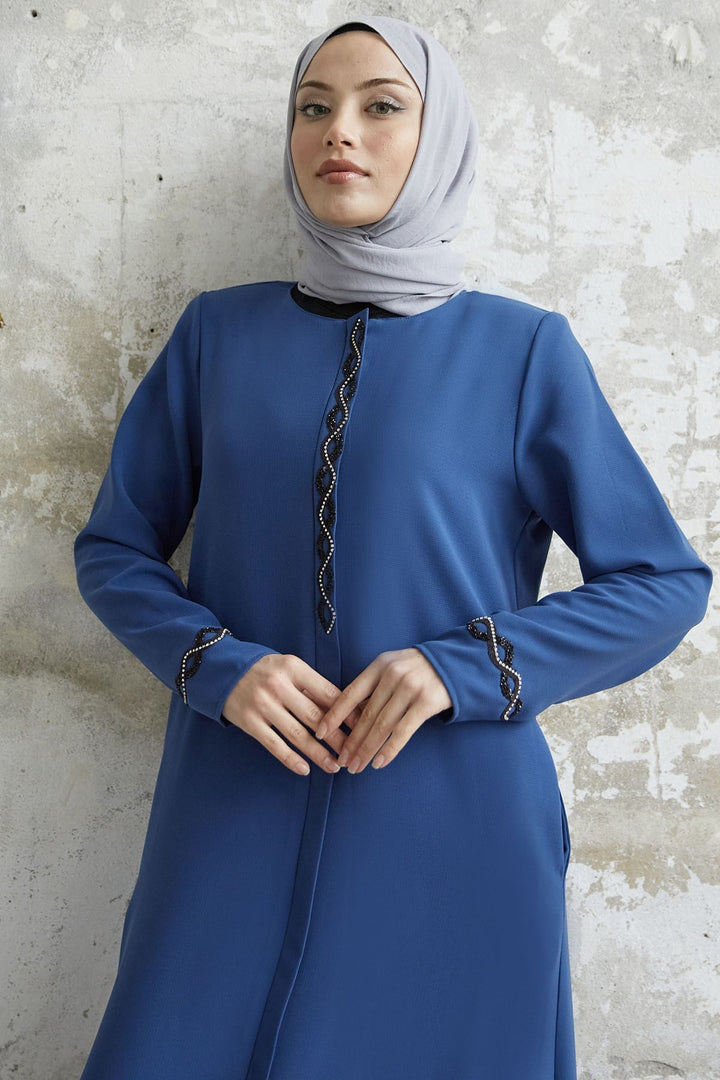 MDS Women Spiral Stone Detailed Honeycomb Abaya - Indigo - Wichita