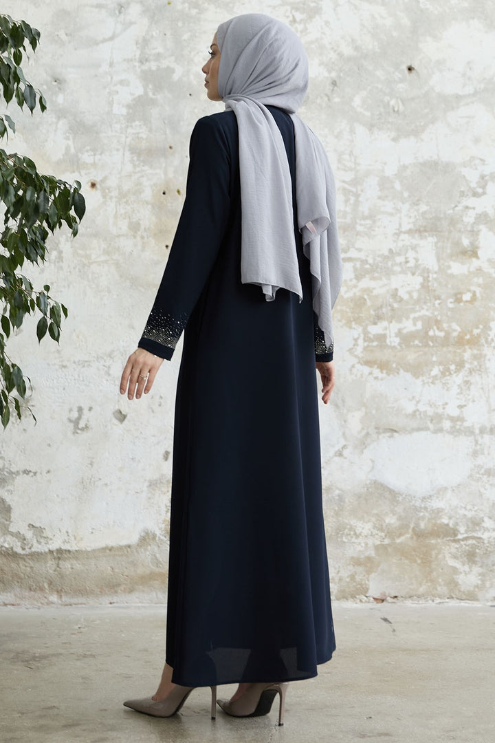 MDS Women Stone-embroidered Abaya with Right Side - Navy - Coeur dAlene