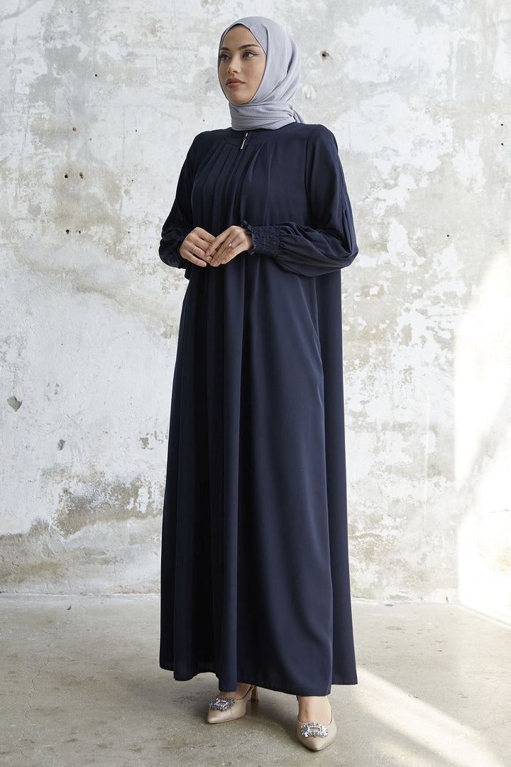 MDS Women Pleated Detail Ruched Abaya - Navy - Anglet