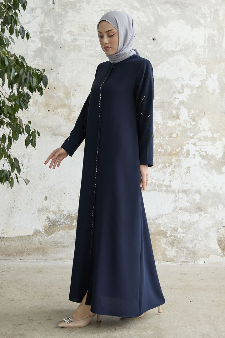 MDS Women Sequined Stone Embroidered Abaya - Navy Blue - Graz
