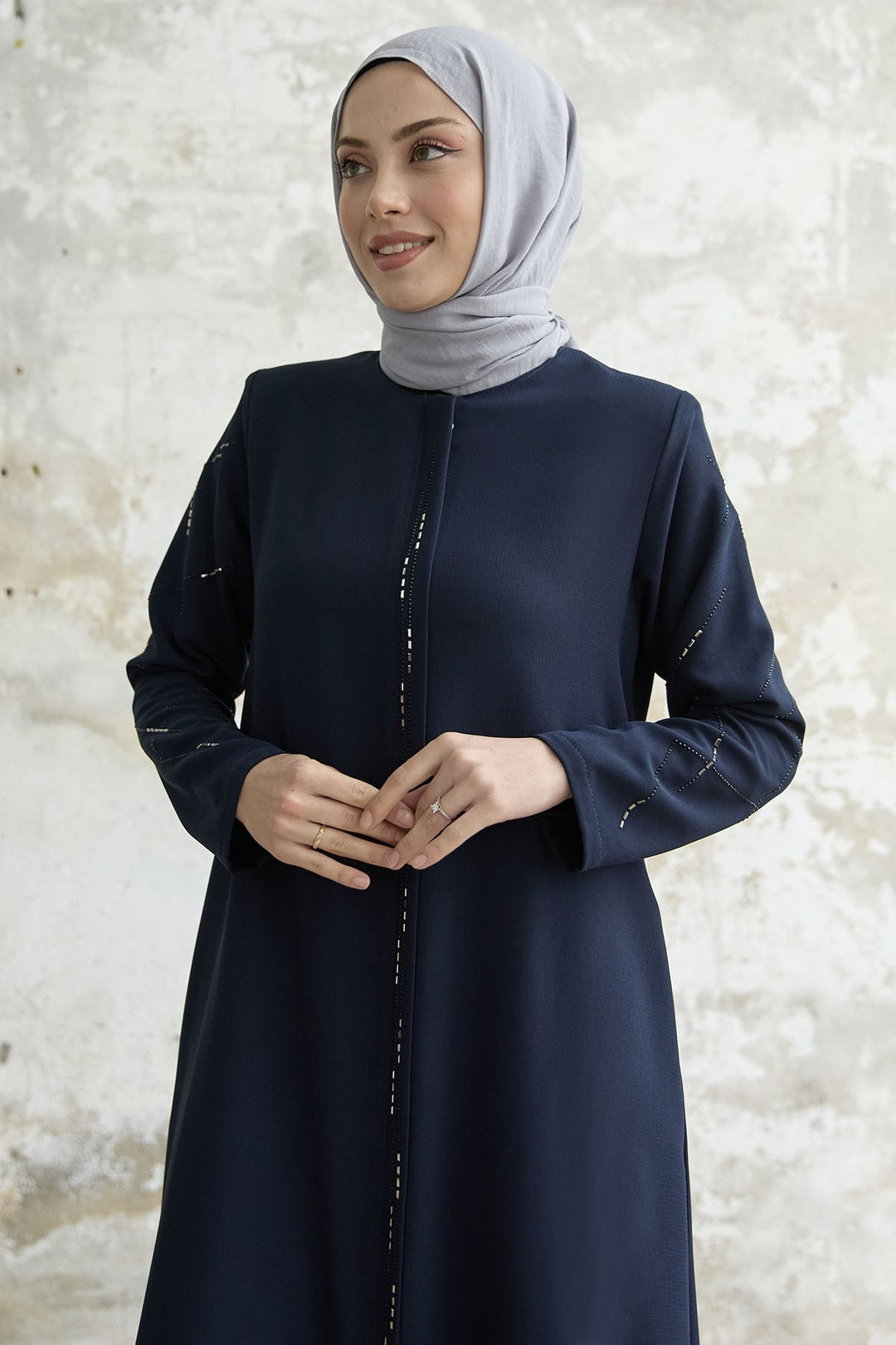 MDS Women Sequined Stone Embroidered Abaya - Navy Blue - Graz