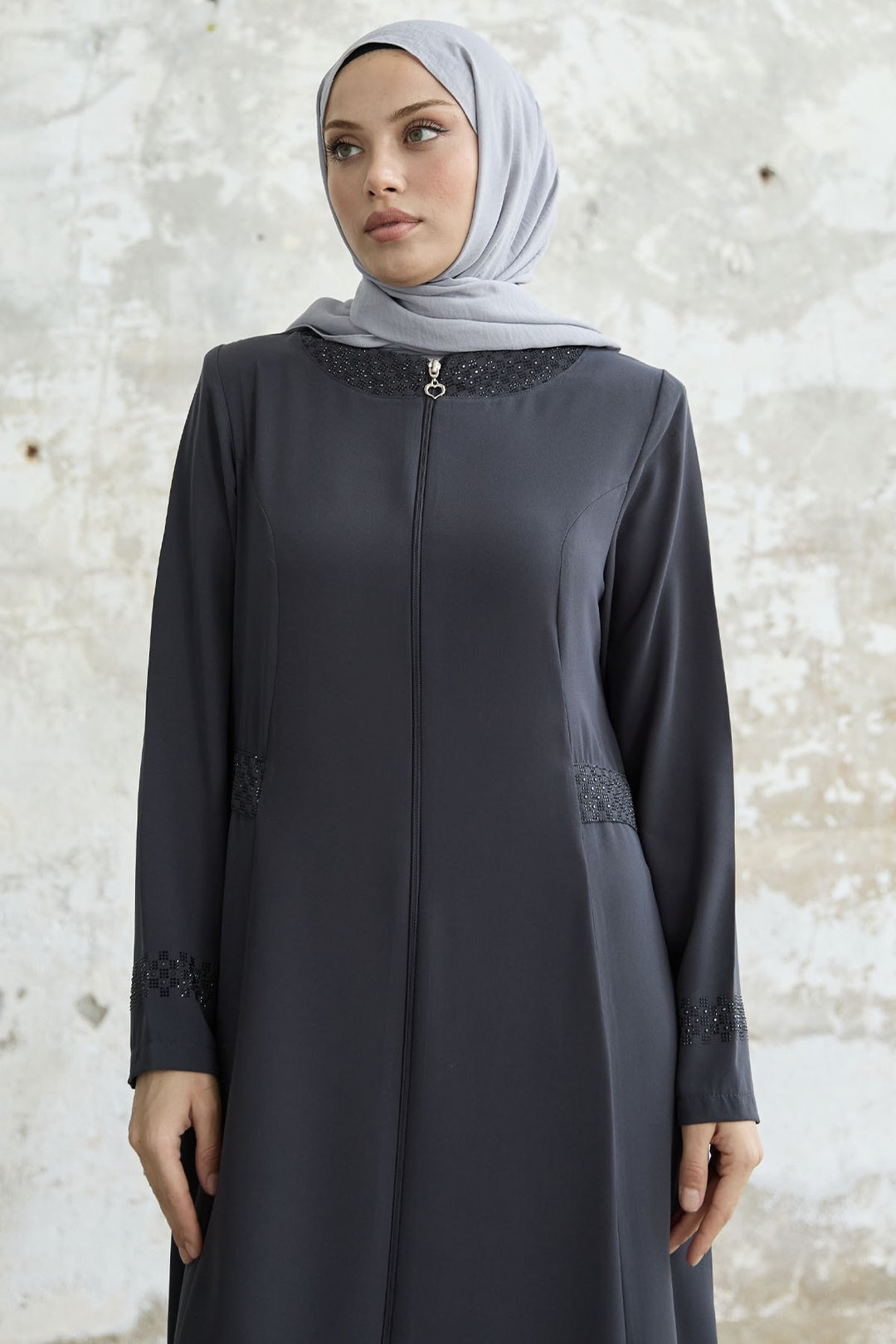 MDS Women Stone-embellished Abaya with Collar and Sleeves - Anthracite - Cedar City