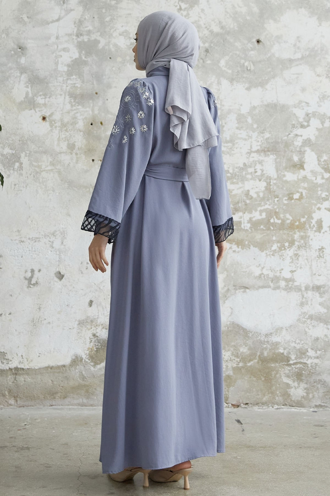 MDS Women Cashmere Embroidered Sleeve Abaya - Gray - Nijkerk