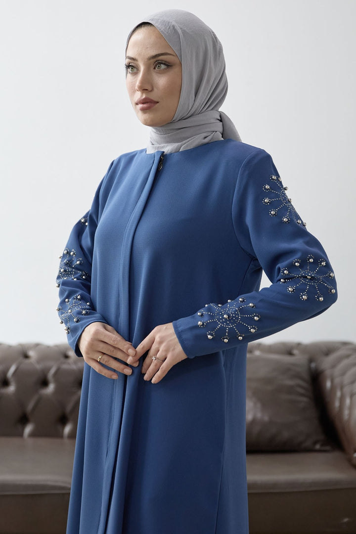 MDS Women Sleeves Pearl Stone Detail Abaya - Indigo - Portici
