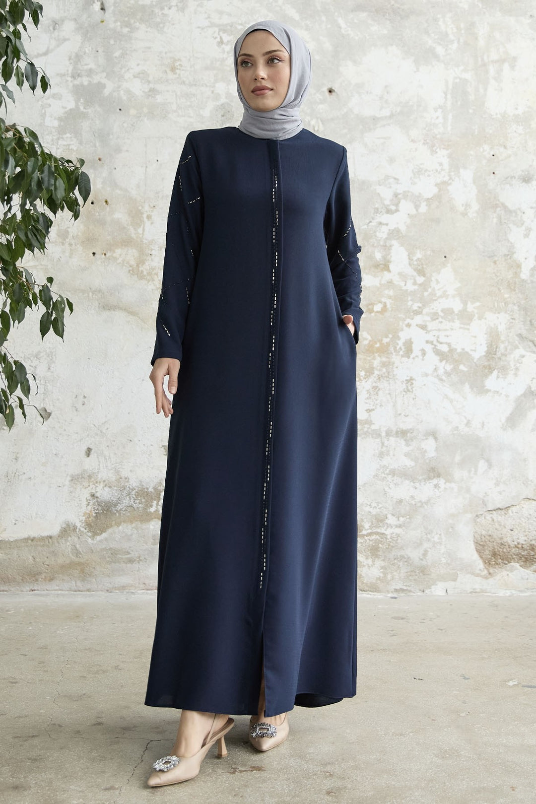 MDS Women Sequined Stone Embroidered Abaya - Navy Blue - Graz