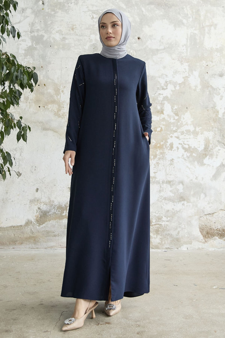 MDS Women Sequined Stone Embroidered Abaya - Navy Blue - Graz