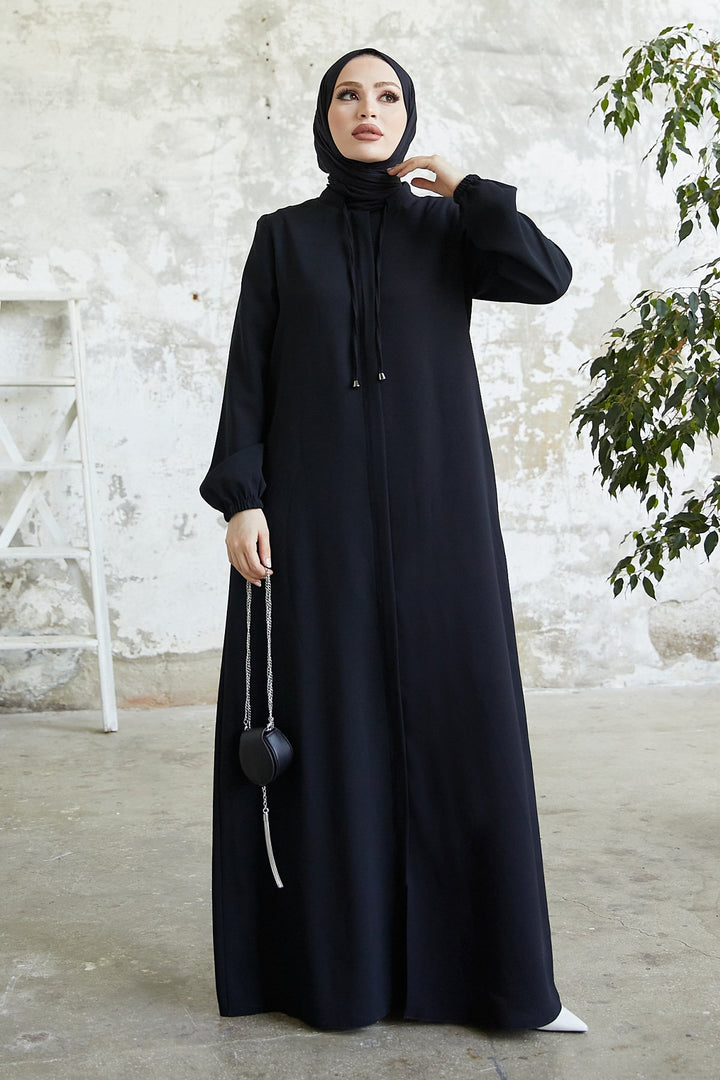 MDS Women Laced Hidden Button Abaya - Black - Goes