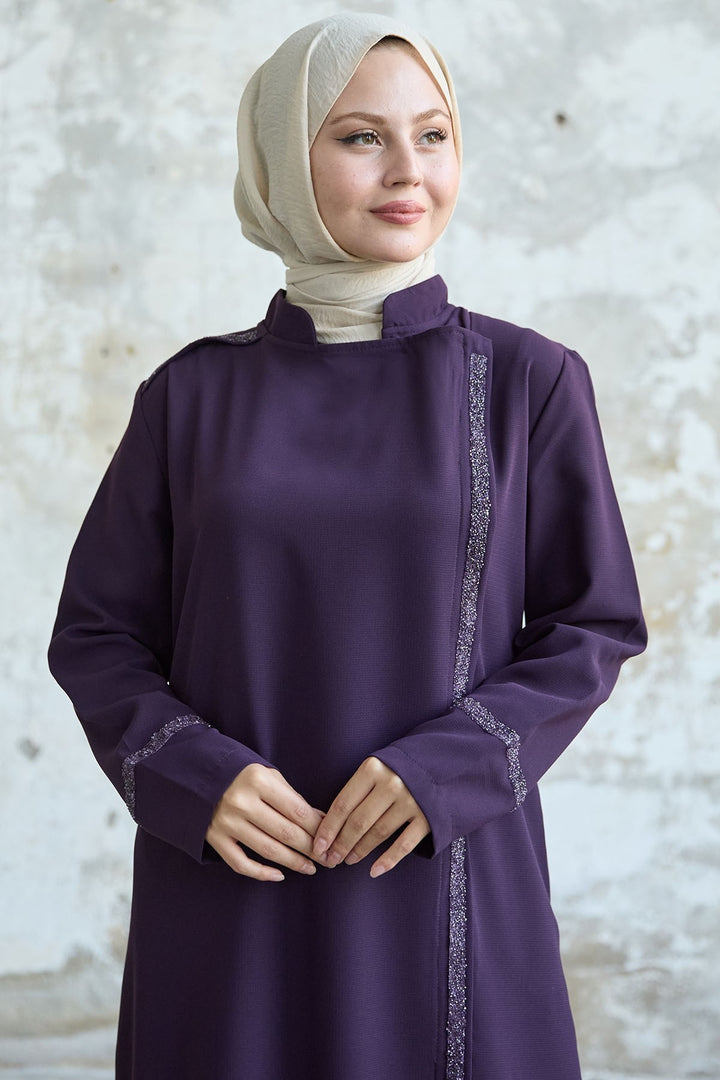 MDS Women Purple Abaya with Stone-embellished Collar and Front Scarf - New York