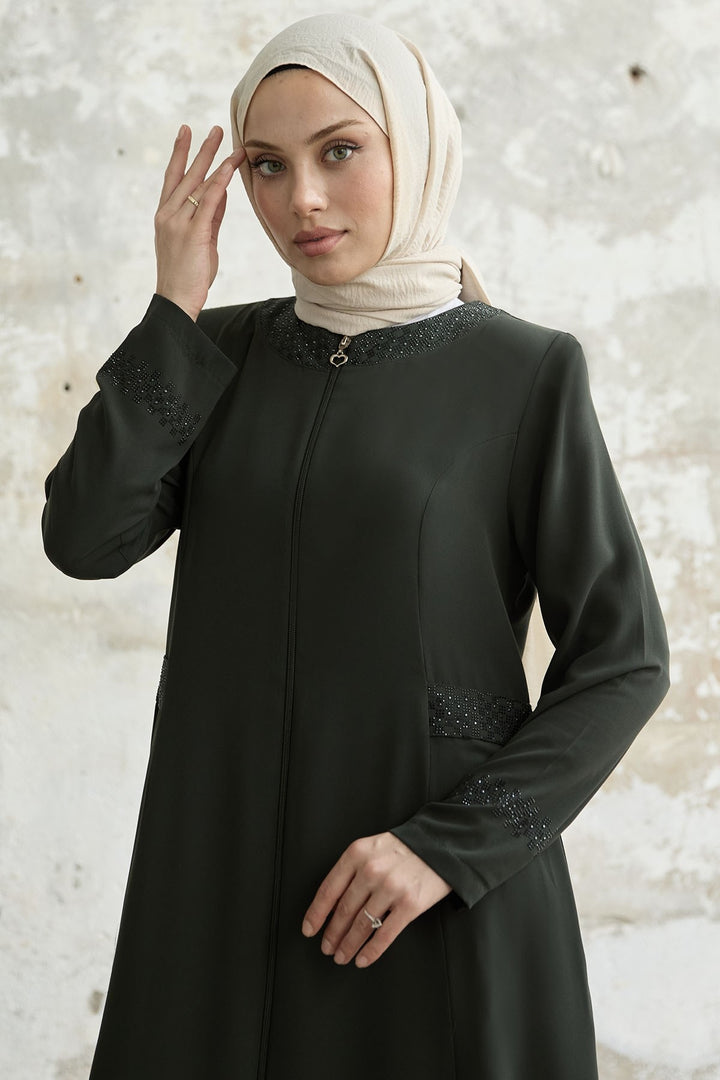 MDS Women Stone-embellished Abaya with Collar and Sleeves - khaki - Bitonto