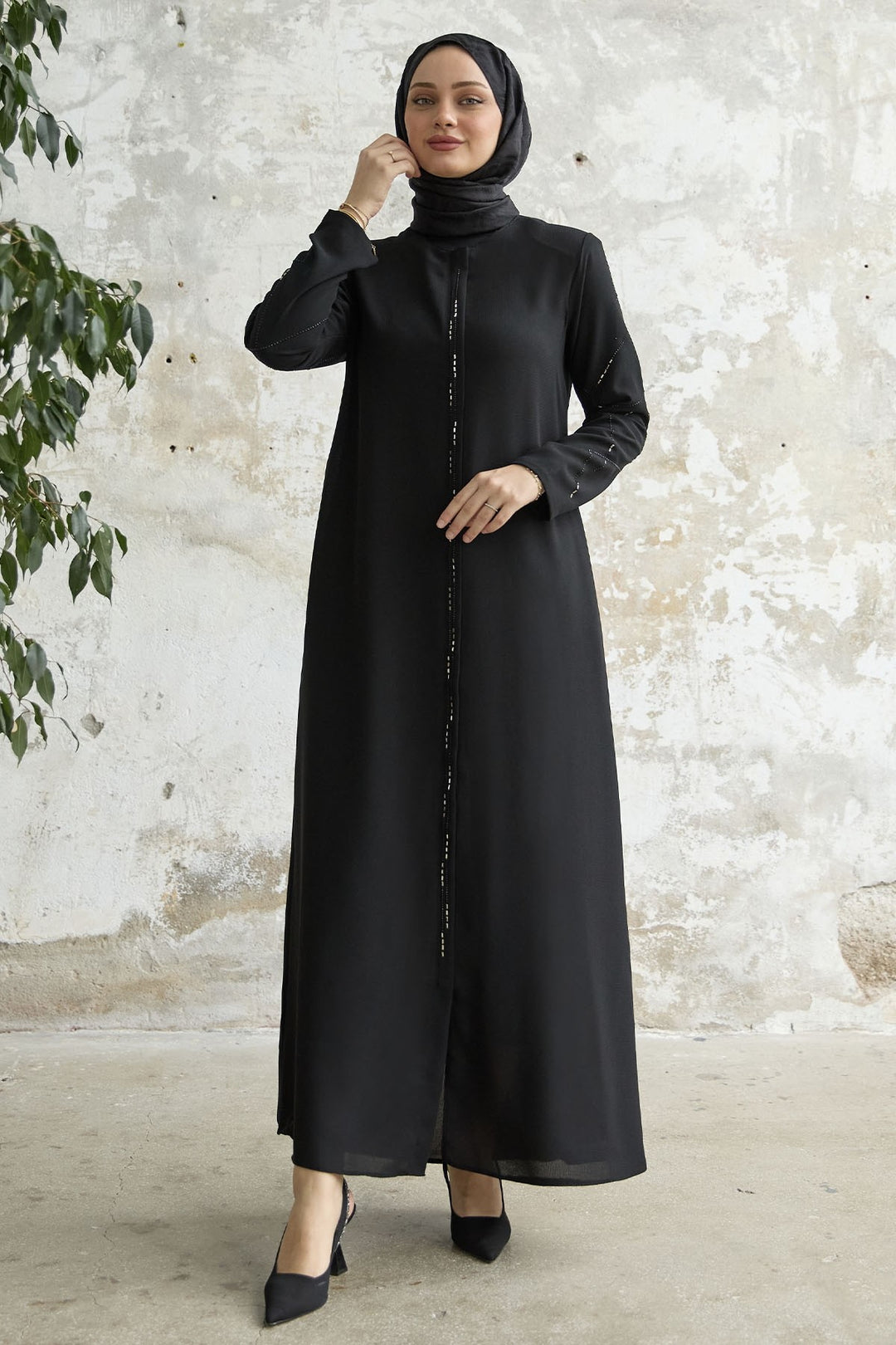MDS Women Sequined Stone Embroidered Abaya - Black - San Pedro