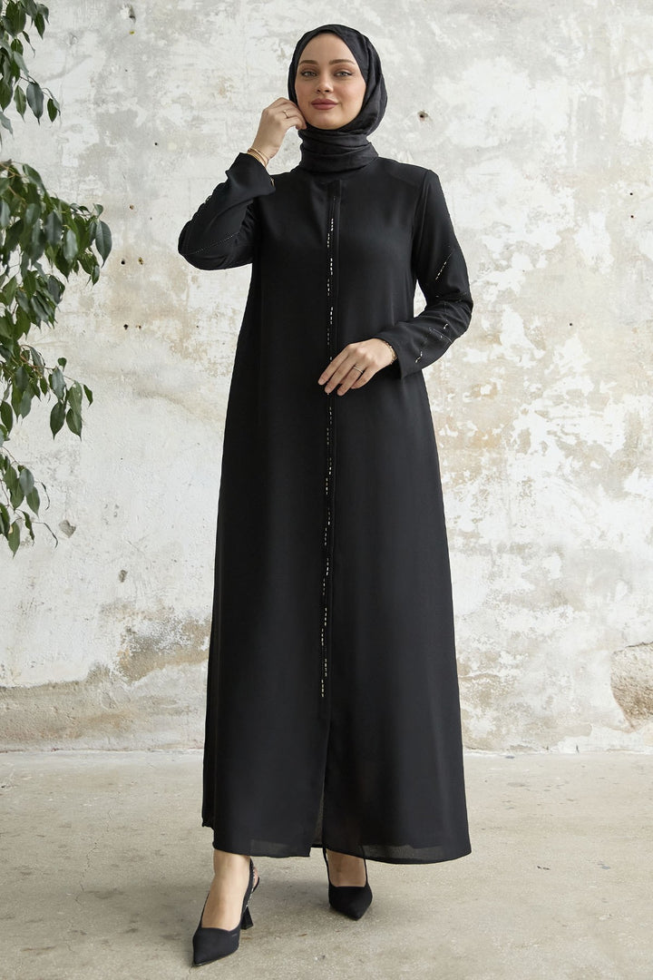 MDS Women Sequined Stone Embroidered Abaya - Black - San Pedro