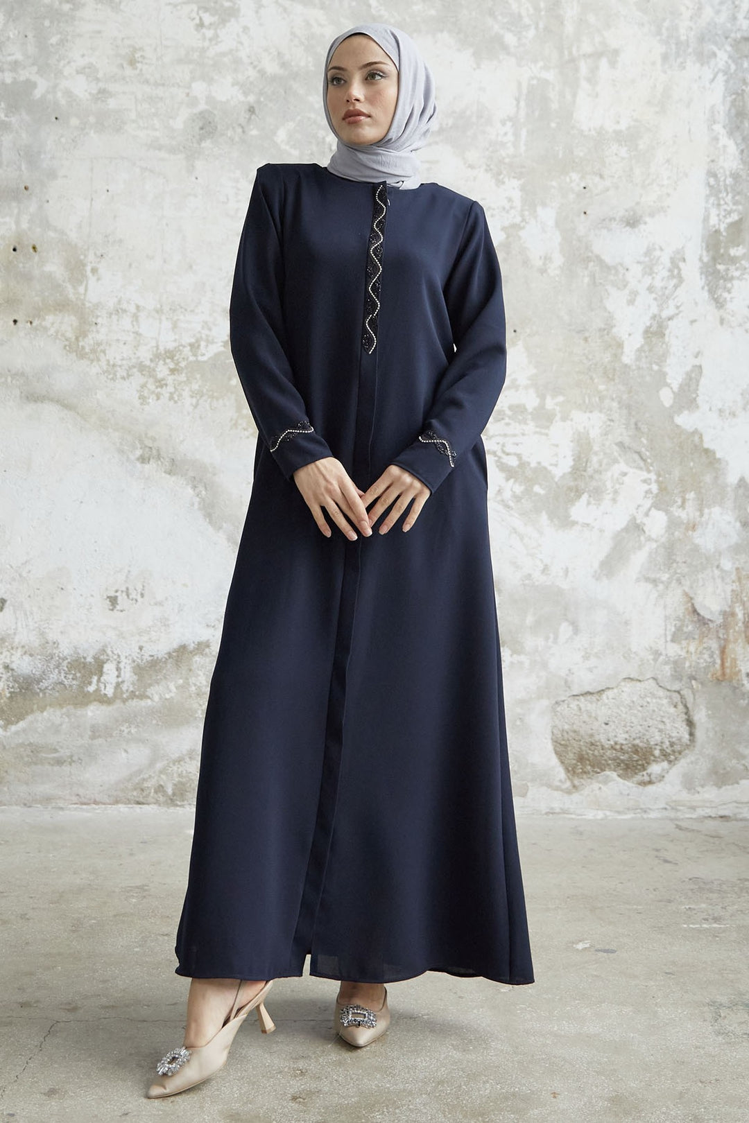 MDS Women Spiral Stone Detailed Honeycomb Abaya - Navy Blue - Springfield