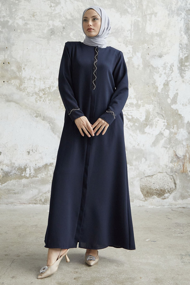 MDS Women Spiral Stone Detailed Honeycomb Abaya - Navy Blue - Springfield
