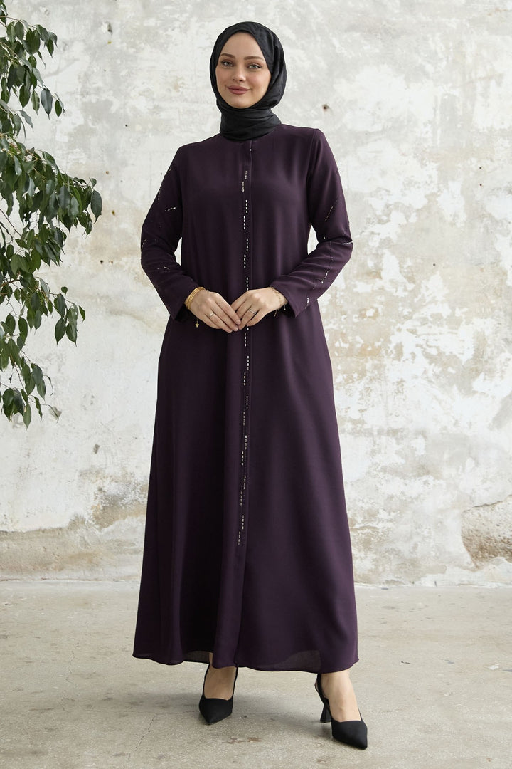 MDS Women Sequined Stone Embroidered Abaya - Purple - Marseille
