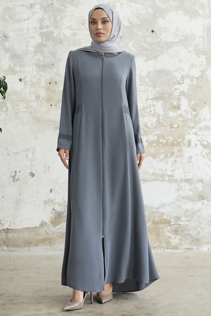 MDS Women Stone-embellished Abaya with Collar and Sleeves - Grey - Fresno