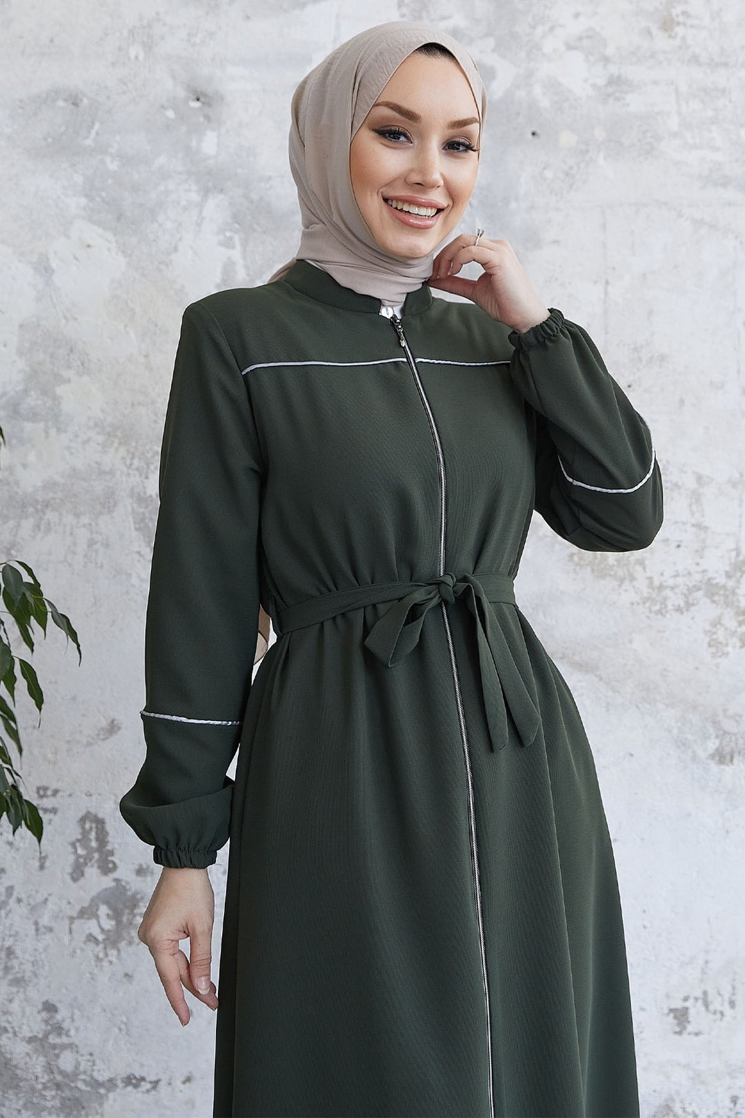 MDS Women Milena Belt Detail Belted Abaya - Khaki - West Babylon