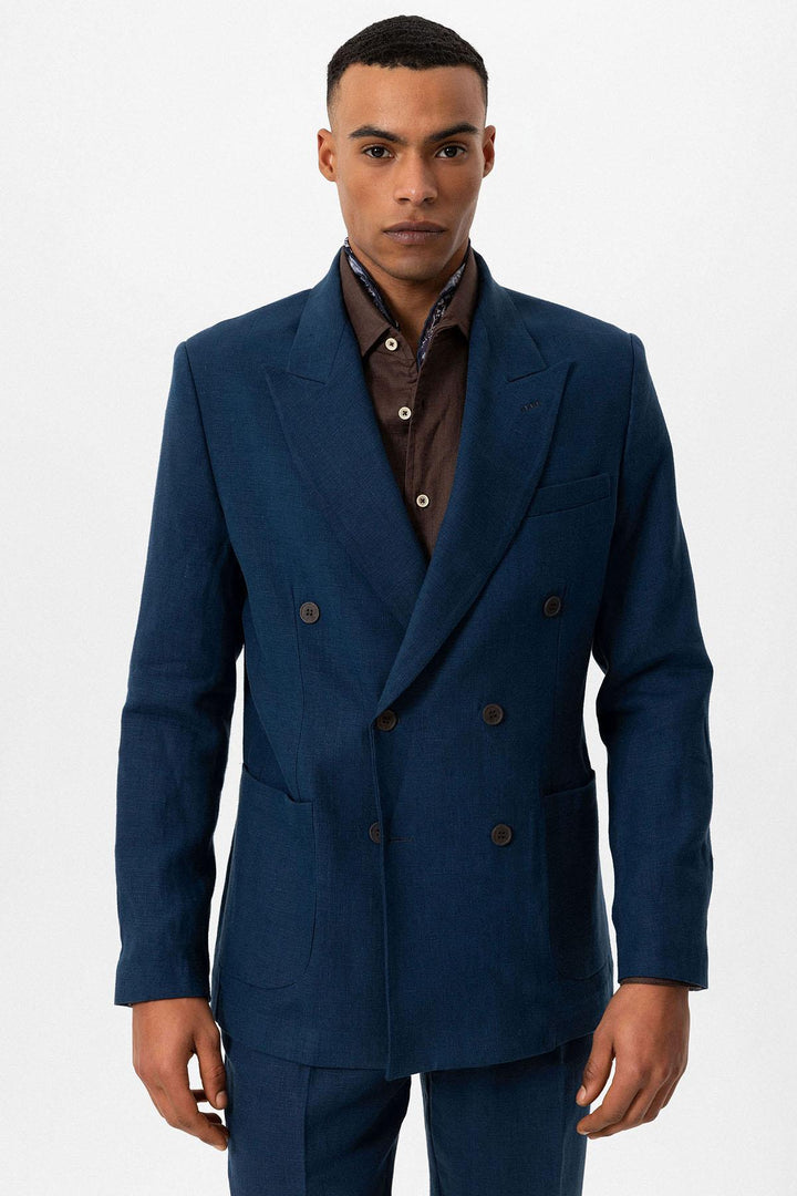 ANT Antioch Indigo 100% Linen Double Breasted Men's Blazer Jacket - Segovia