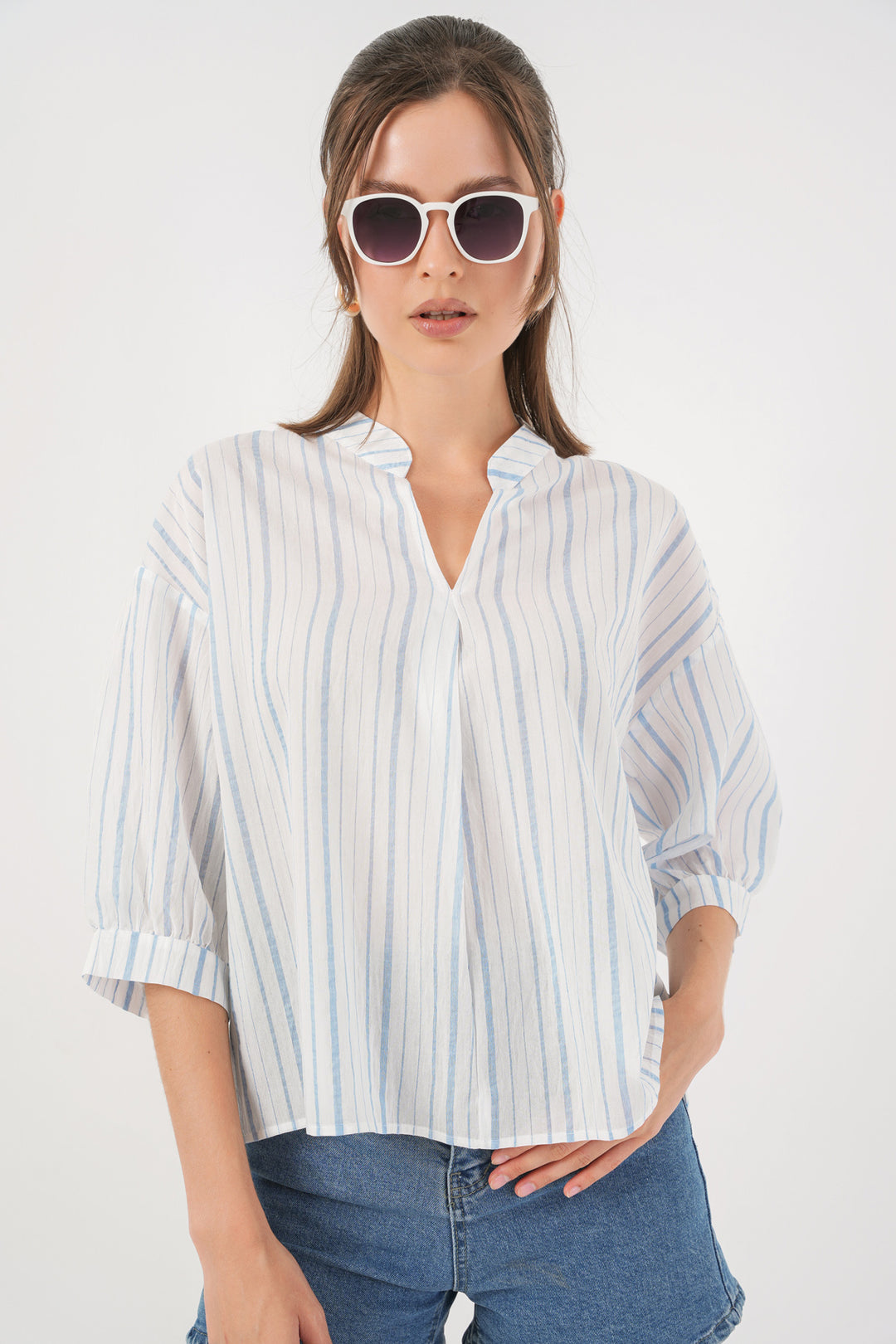 BGD Women Woman Striped Oversize Blouse 967 - Light Blue - Coventry