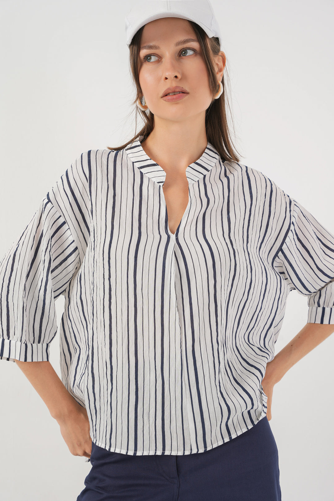 BGD Women Woman Striped Oversize Blouse 967 - Dark Blue - Colmenar Viejo