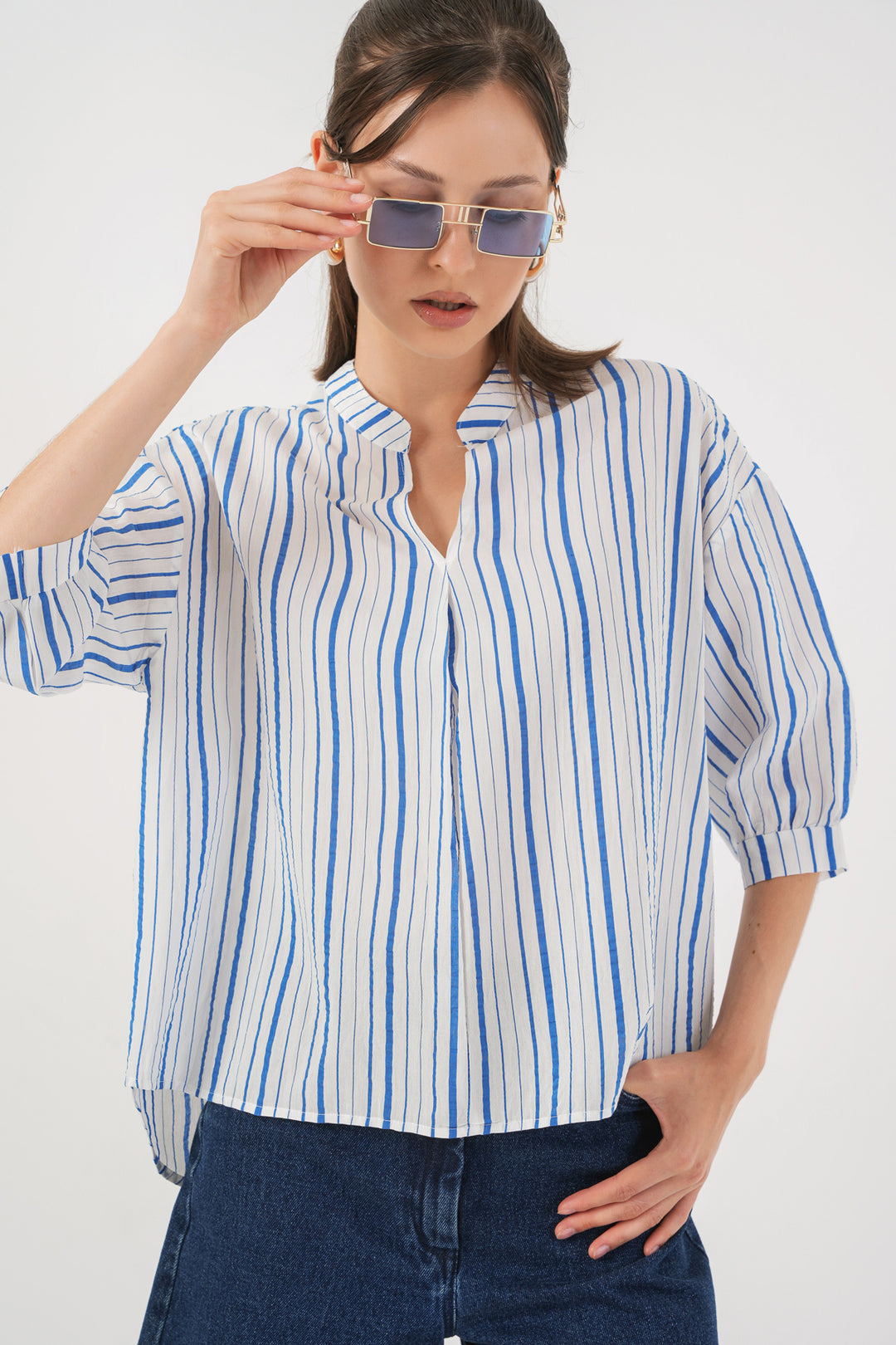 BGD Women Women's Striped Oversized Blouse 967 - Blue - Ermezinde