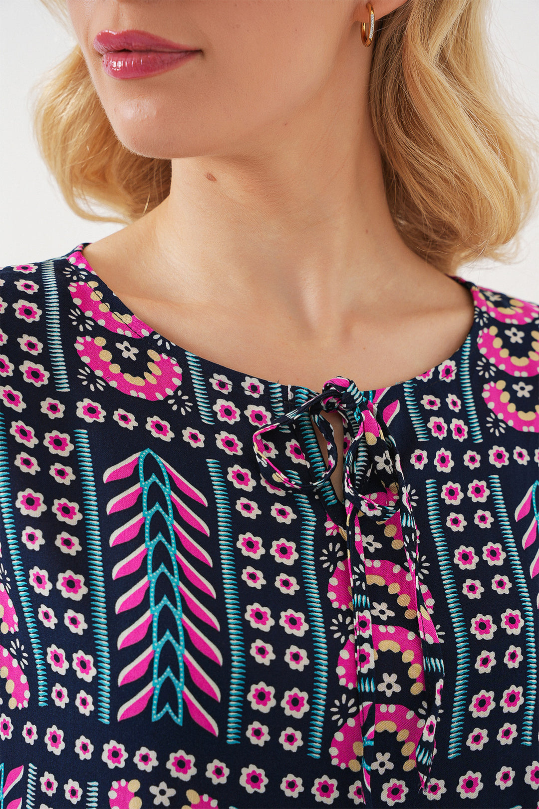 BGD Women Women's Patterned Short Sleeve Blouse 969 - Navy Blue - Guadalajara