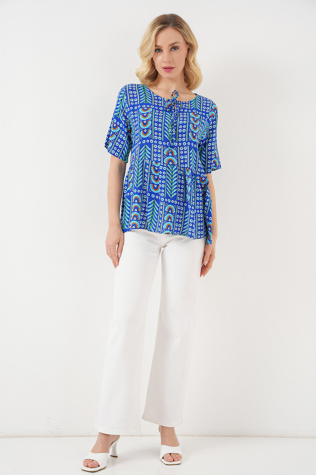 BGD Women Woman Patterned Short Sleeve Blouse 969 - Sax - Mansfield