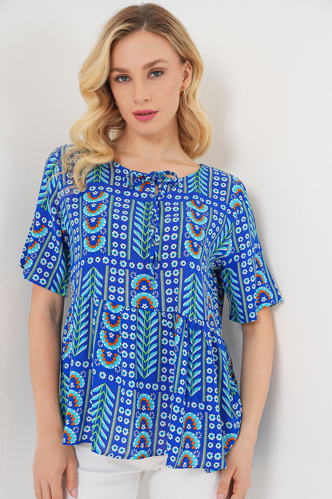 BGD Women Woman Patterned Short Sleeve Blouse 969 - Sax - Mansfield