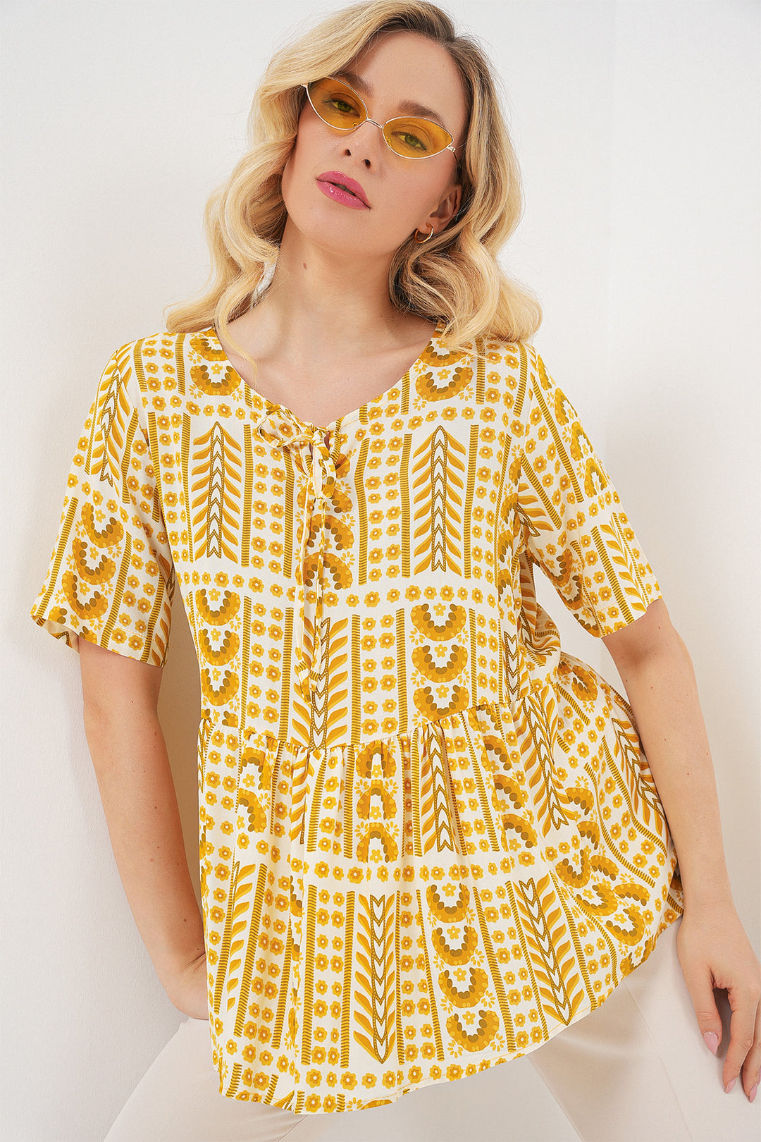 BGD Women Woman Patterned Short Sleeve Blouse 969 - Yellow - Puerto Real