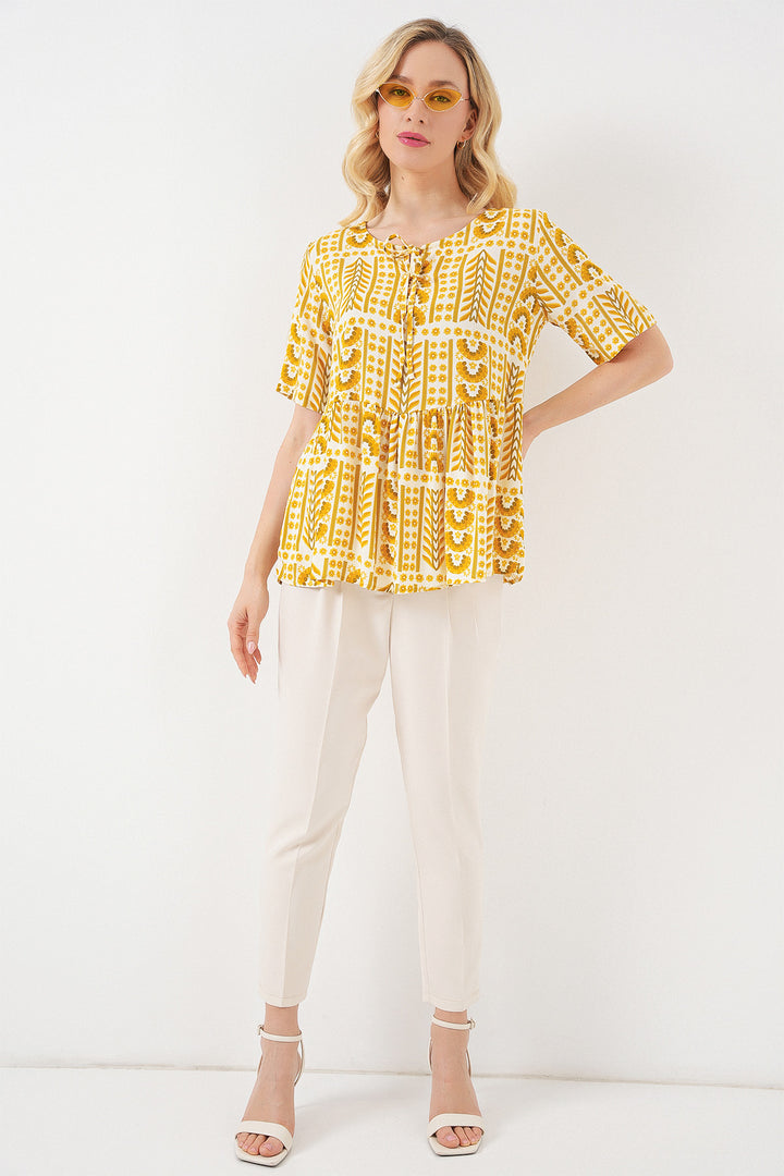 BGD Women Woman Patterned Short Sleeve Blouse 969 - Yellow - Puerto Real