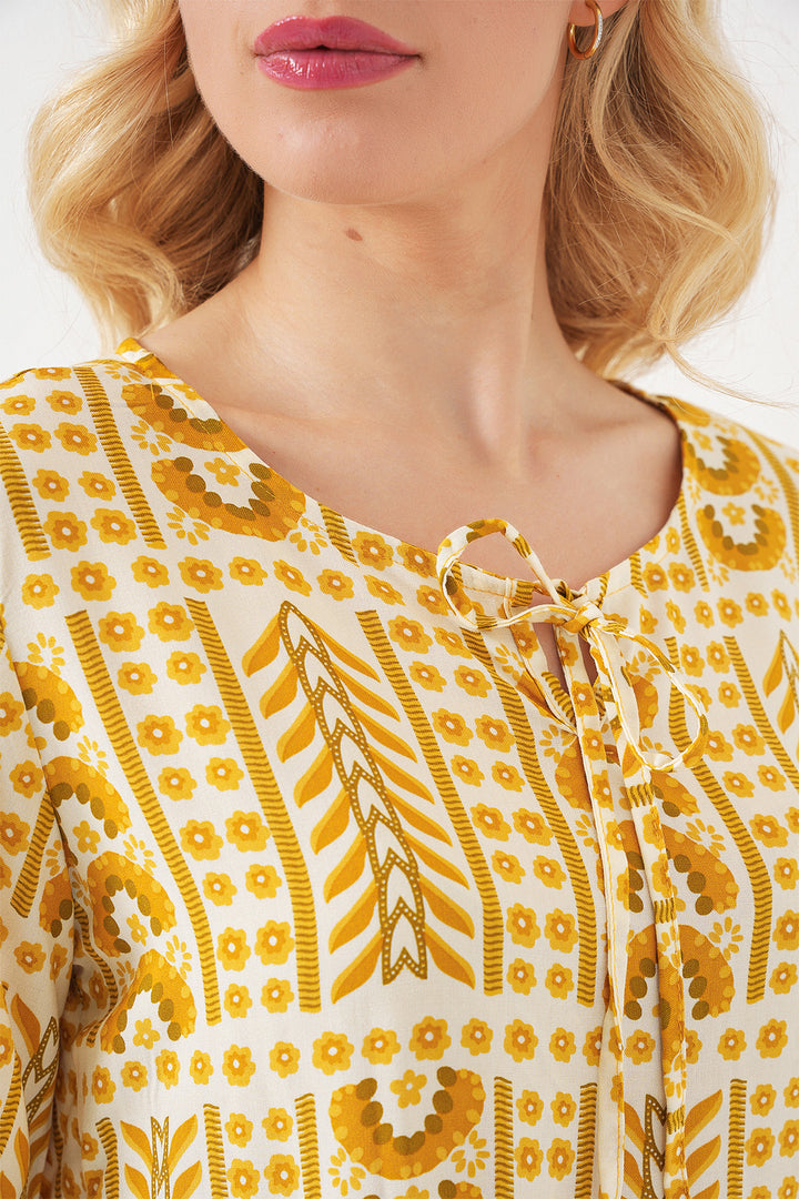 BGD Women Woman Patterned Short Sleeve Blouse 969 - Yellow - Puerto Real